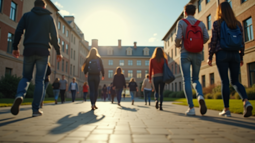 Eye-level view of a university campus surrounded by students