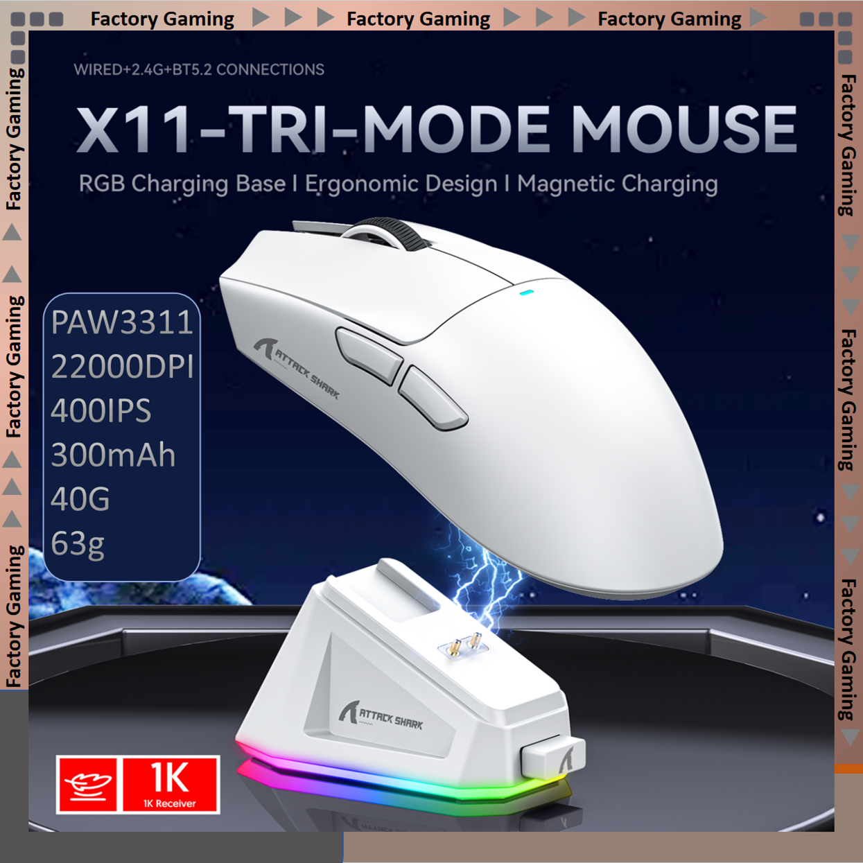 ATTACK SHARK X11-Mouse Tri-Mode Lightweight Gaming Mouse,PAW3311,22000DPI,400IPS