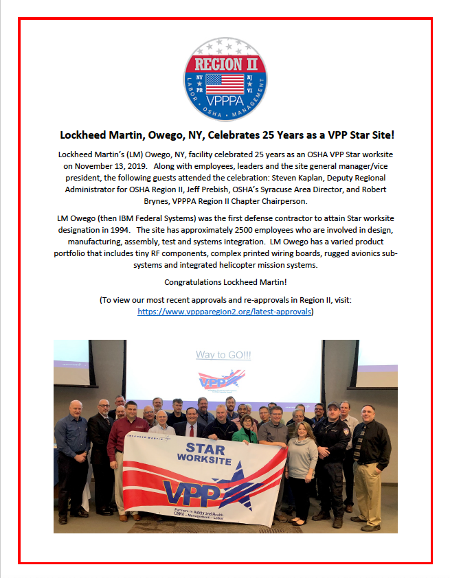 Join us in congratulating Lockheed Martin, Owego, NY, for 25 Years as a