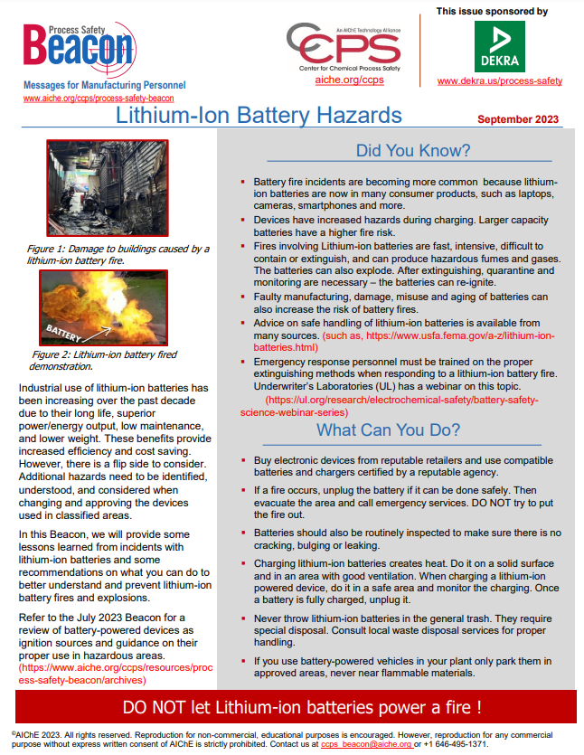 September's CCPS Process Safety Beacon LithiumIon Battery Hazards