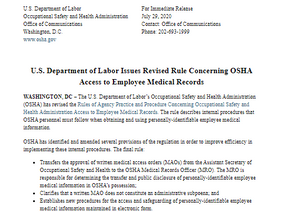 Revised Rule Issued Concerning OSHA Access to Employee Medical Records