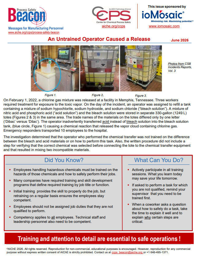 June CCPS Process Safety Beacon - "An Untrained Operator Caused a Release"