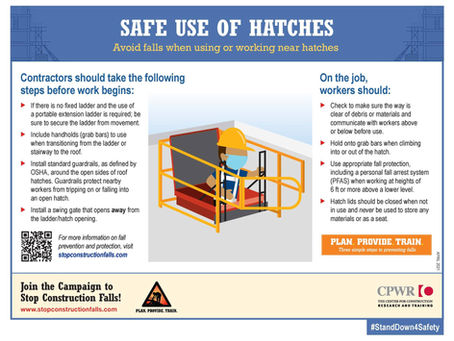Help prevent falls! Follow these safety tips when using or working near hatches. (Reminder from CPWR)