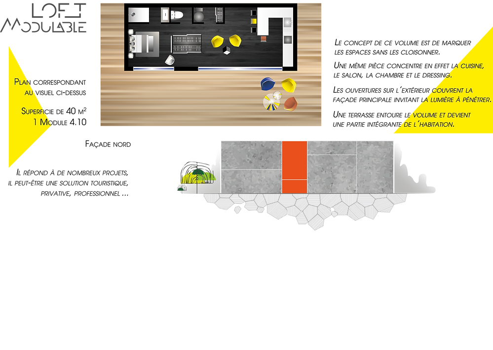 Plan d'un module de 40m2, entièrement aménagé.