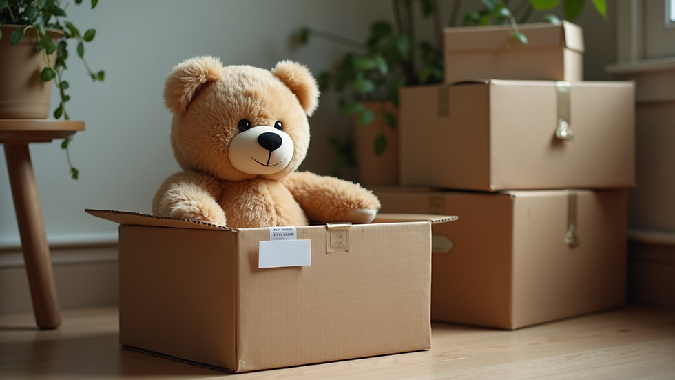 Eye-level view of a shipping box with a collectible bear inside