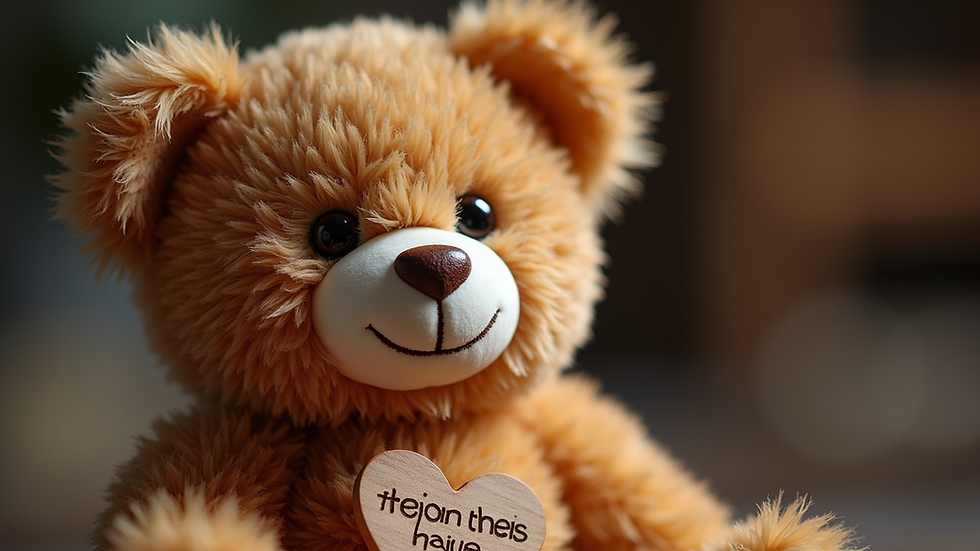 Close-up view of a custom-engraved teddy bear with a personalized message