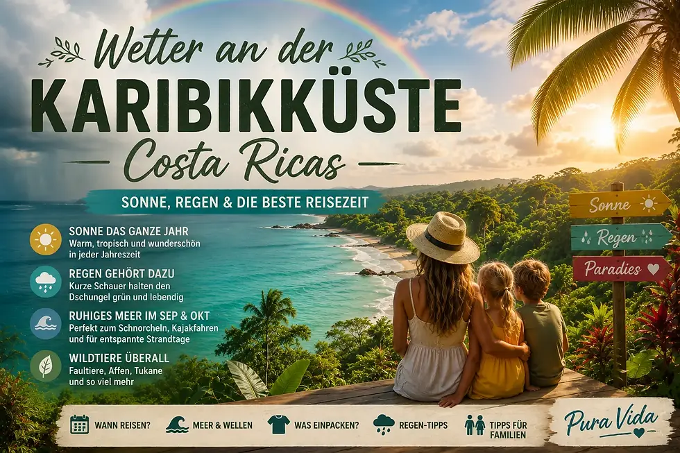 Wetter Karibikküste Costa Ricas mit tropischem Strand, Regenwald, Sonne, Regenwolken und Regenbogen