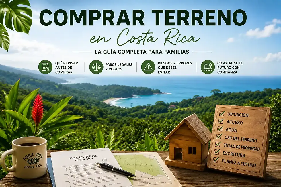 Infografía de Costa Rica sobre comprar terreno, con playa y selva; lista legal, casa, planos y taza Pura Vida.