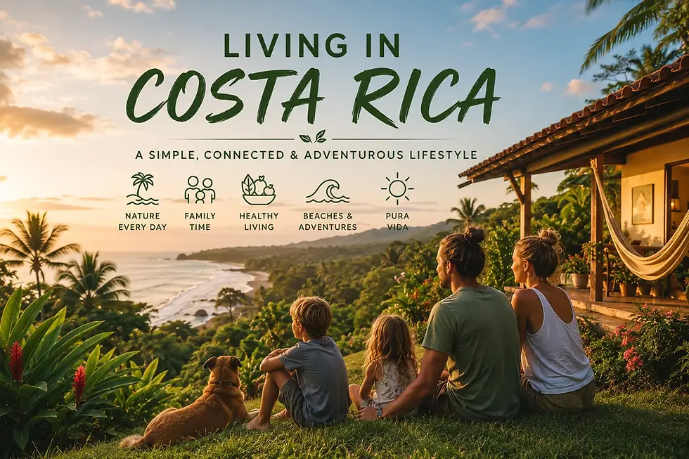 Family and dog overlook a Costa Rica coastline at sunset, beside a tropical home; text reads Living in Costa Rica.