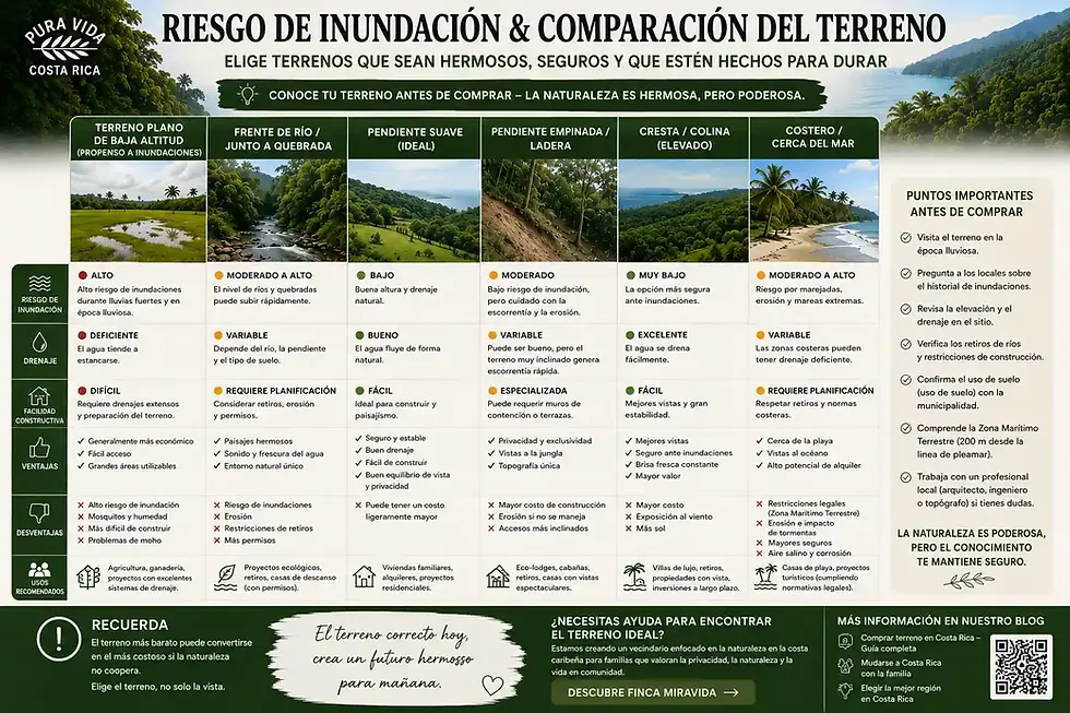 Costa Rica flood risk and terrain comparison infographic with six land types, safety notes, checklist, and ocean views.