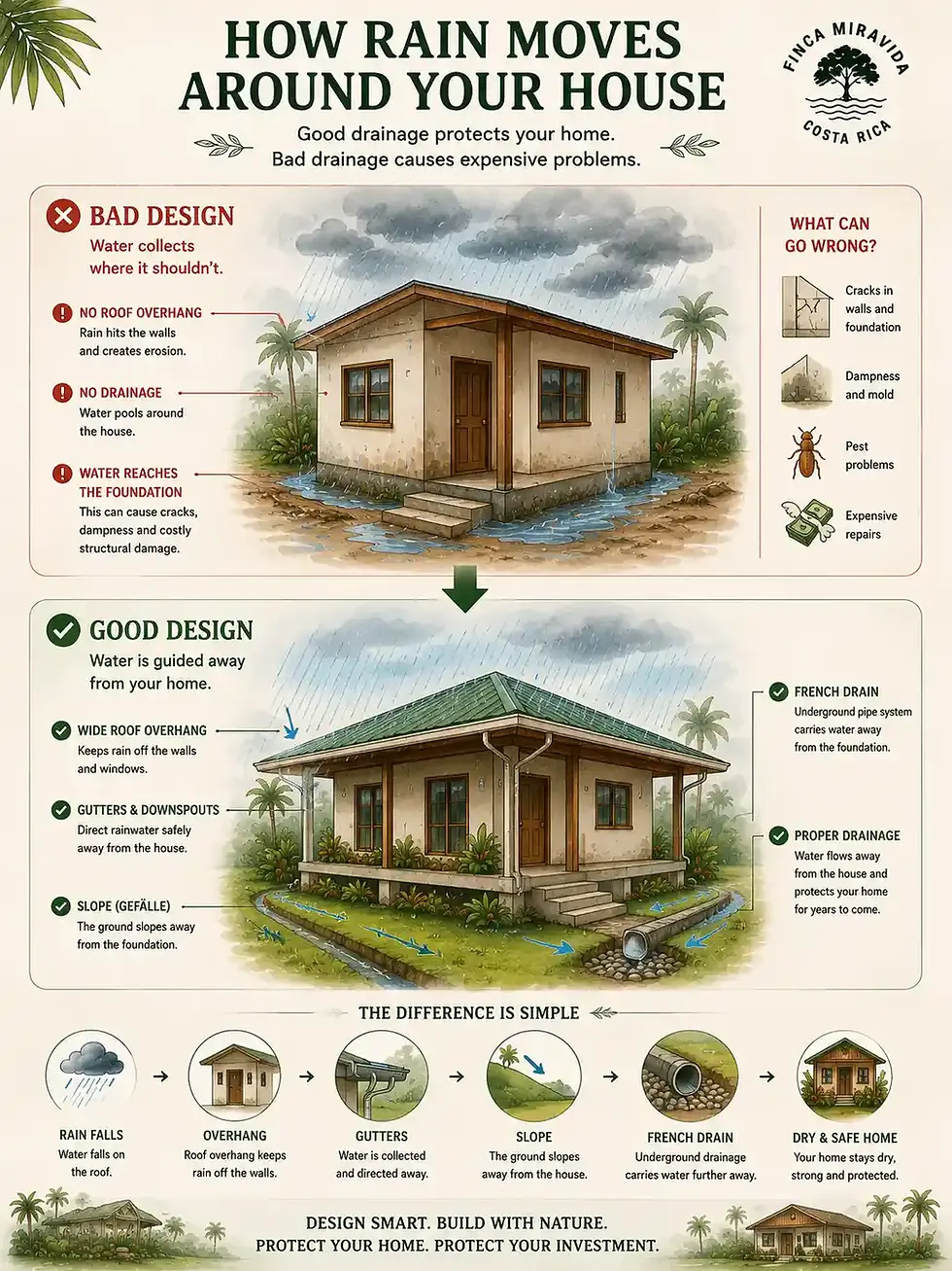 Infographic titled How Rain Moves Around Your House shows bad vs good drainage around a house in rain, with arrows and warnings.