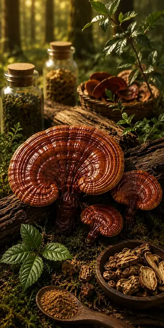 Reishi kaufen – Ganoderma lingzhi in natürlicher Waldkulisse mit Reishi-Fruchtkörpern sowie Reishi Pulver, getrockneten Pilzstücken und hochwertigen Pilzrohstoffen von MamaMuscaria