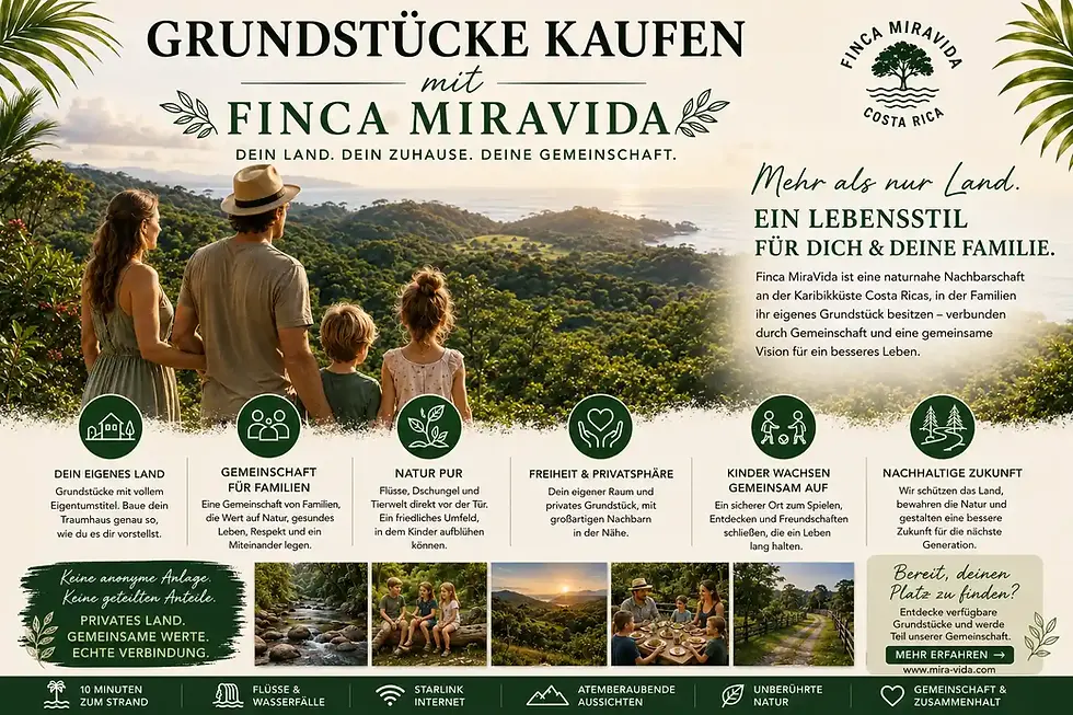 Familie blickt über ein Grundstück und die tropische Landschaft an der Karibikküste Costa Ricas – Grundstück kaufen mit Finca MiraVida.