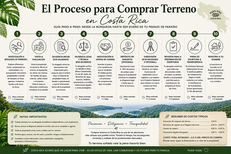 Infografía en español sobre 10 pasos para comprar terreno en Costa Rica, con fondo tropical, tiempos, costos y notas importantes.
