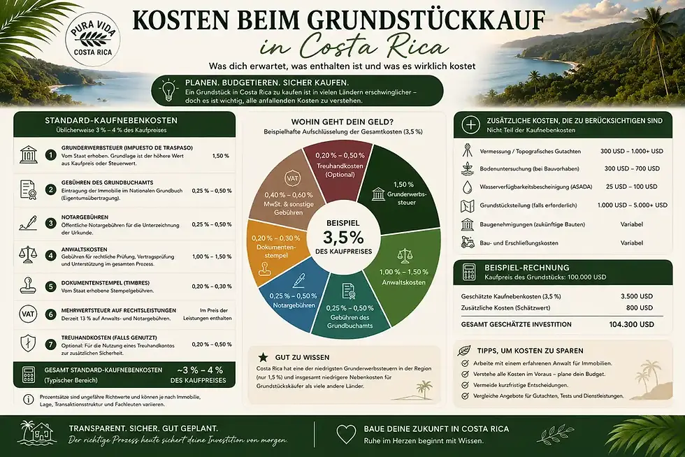 Infografik zu Kosten beim Grundstückskauf in Costa Rica mit Kreisdiagramm, Tabellen und Strandhintergrund, grün-beige
