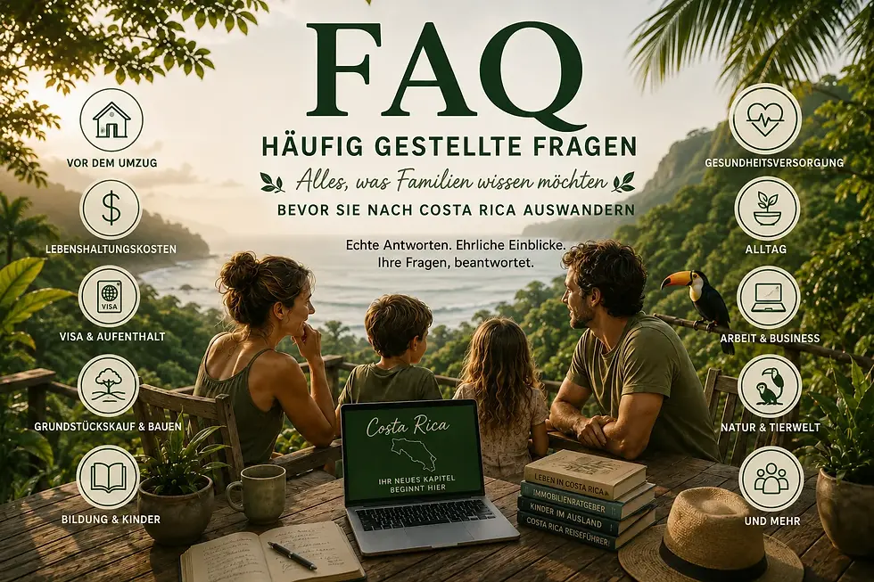 FAQ zum Umzug nach Costa Rica: Familie blickt auf Küste; Symbole zu Gesundheit, Kosten, Visa, Bildung und mehr.