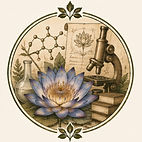 Blauer Lotus mit Mikroskop, Büchern und wissenschaftlichen Aufzeichnungen als Symbol für Forschung und Botanik