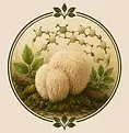 Botanische Illustration der Löwenmähne mit molekularer Darstellung von Beta-Glucanen im Fruchtkörper von Hericium erinaceus