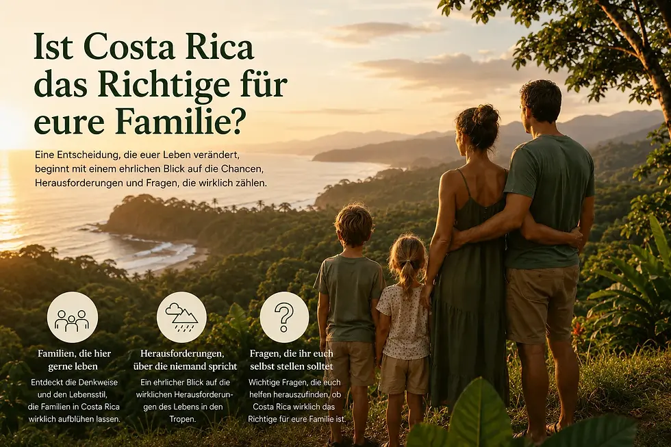 Familie blickt bei Sonnenuntergang auf die Küste Costa Ricas; Text: Ist Costa Rica das Richtige für eure Familie?