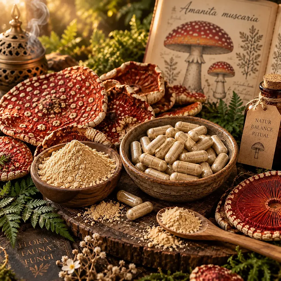 Amanita muscaria Kapseln mit getrockneten Fliegenpilz-Kappen und Fliegenpilz Pulver in botanischer Waldkulisse