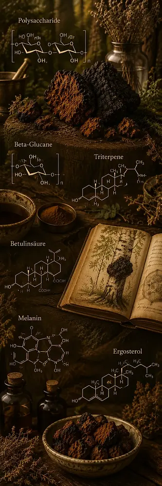 Chaga-Stücke mit stilisierten chemischen Strukturformeln wichtiger Inhaltsstoffe wie Polysaccharide, Beta-Glucane, Triterpene, Betulinsäure, Melanin und Ergosterol in einer naturkundlichen Apotheker-Atmosphäre.