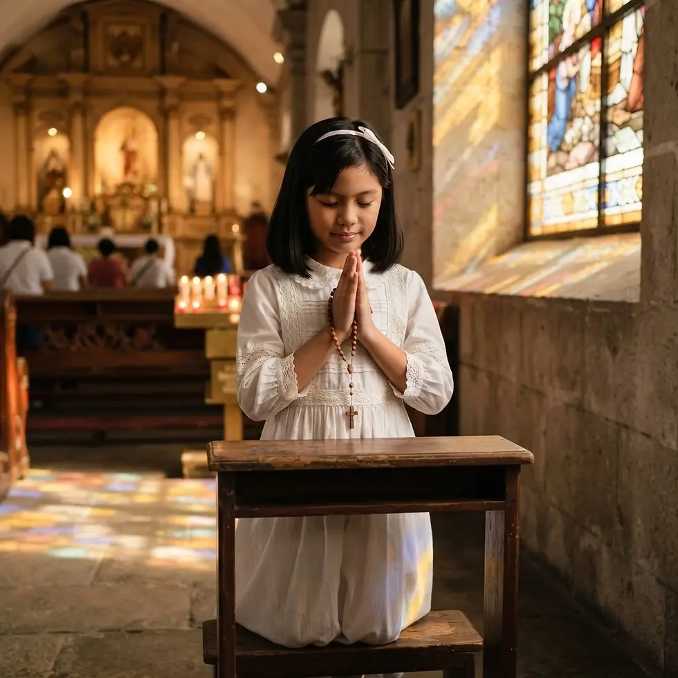 Portrait photography of a young girl in a white dress kneeling at a wooden pew in a church, praying with hands clasped. The atmosphere is solemn and spiritual, illuminated by soft sunlight streaming through stained glass windows.