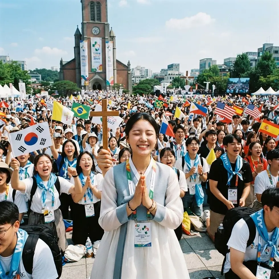 Candid photography of a woman in traditional hanbok holding a cross while smiling before a lively crowd. The scene is bright and joyful, capturing a large, diverse group of young people waving international flags in front of a church.