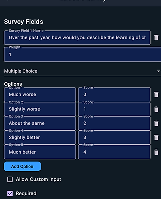SDG 4 education survey field configuration showing question 'Over the past year, how would