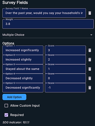 CitizenClimate survey builder showing SDG 10 Reduced Inequalities Pro Metrics Survey confi