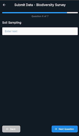 Biodiversity survey question 6 of 7 titled 'Soil Sampling' with large open text field disp
