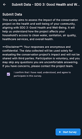 SDG 3 Good Health and Well-Being survey introduction screen explaining 'This survey aims t