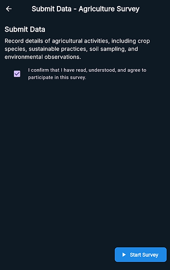 Mobile survey introduction screen titled 'Submit Data - Agriculture Survey' showing consen