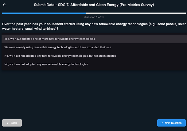 CitizenClimate SDG 7 Affordable and Clean Energy Pro Metrics Survey configuration screen s