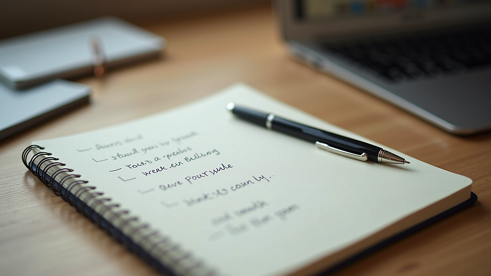 Close-up view of a journal with handwritten notes and a pen on a wooden desk