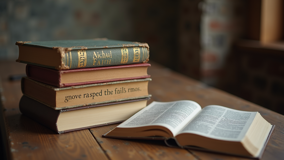 Eye-level view of a stack of faith-based books on a wooden table
