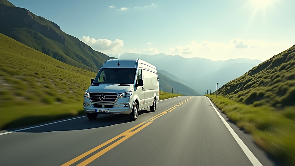 Wide angle view of a winding road through green hills with a Mercedes van driving