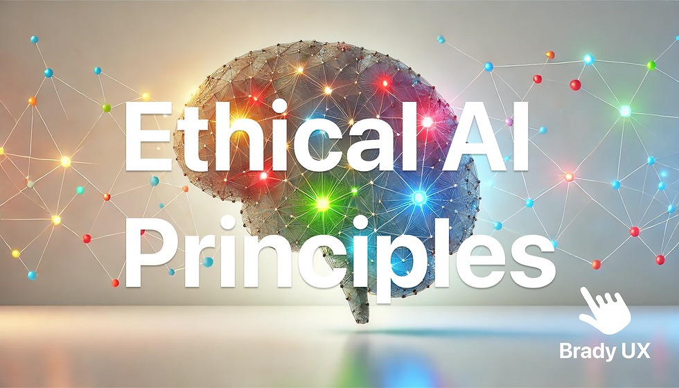 A glowing AI brain interconnected with colorful, vibrant nodes on a plain white background, symbolizing inclusivity, collaboration, and the ethical use of artificial intelligence in design.