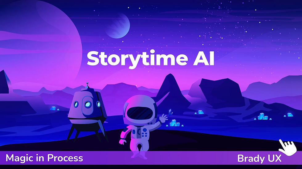 A futuristic, space-themed digital illustration featuring an astronaut waving beside a small rocket-like spacecraft. The background showcases a glowing purple and blue alien landscape with distant mountains, glowing crystals, and a large planet in the sky. The text "Storytime AI" is prominently displayed, with "Magic in Process" and "Brady UX" labeled at the bottom. A cursor icon suggests interactivity.