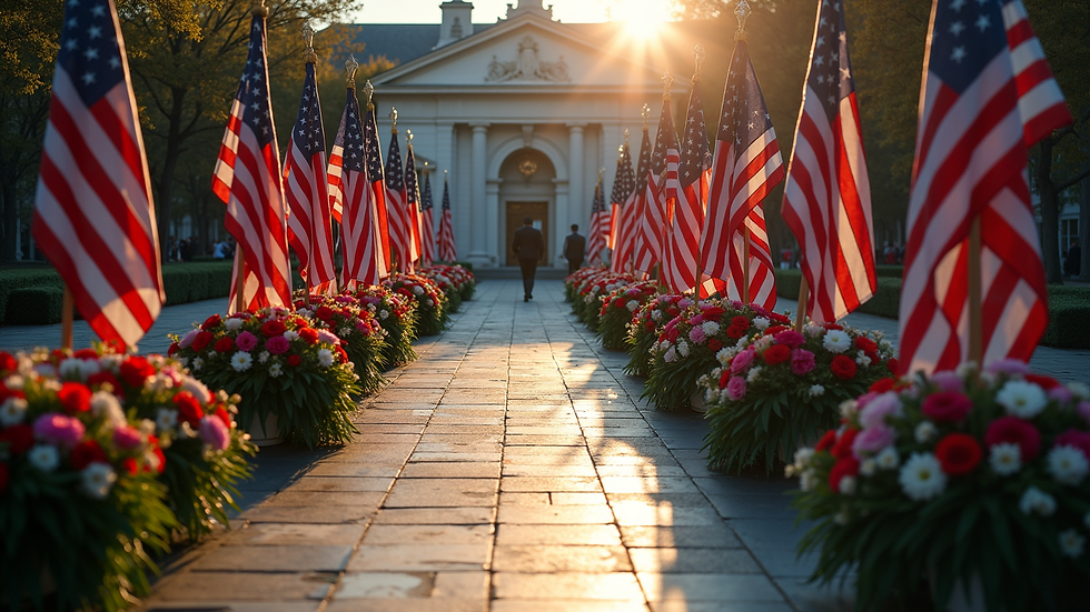 High-angle view of a solemn memorial ceremony with flags and wreaths