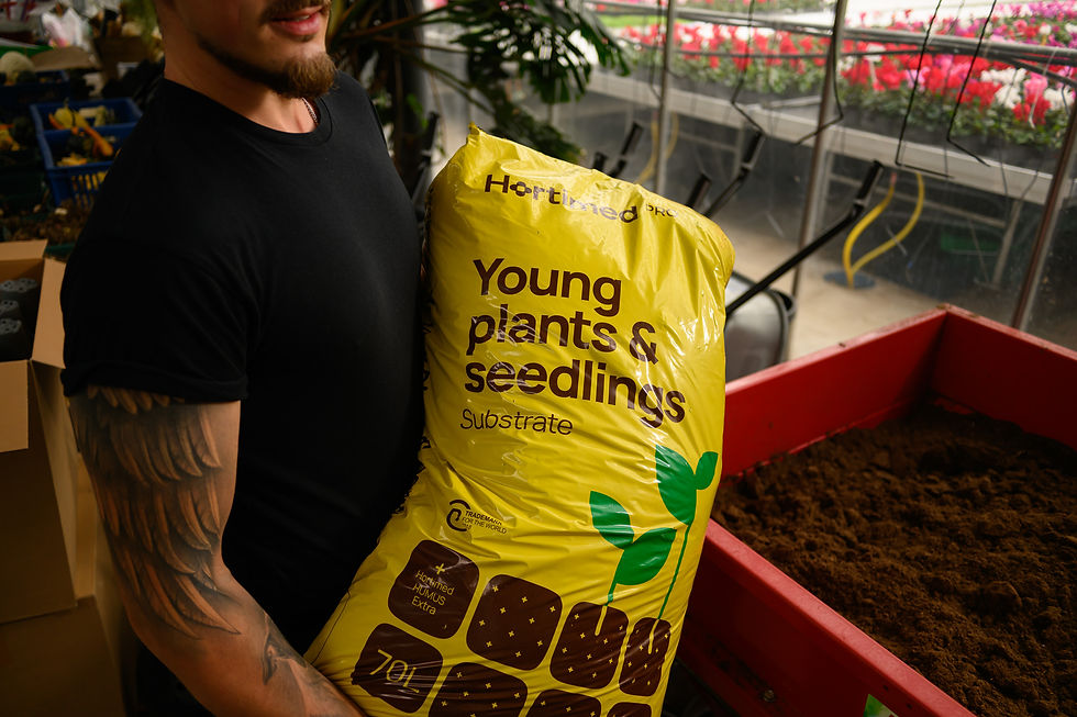 Hortimed bag. Bright yellow packaging stands out in a category where the competitors love green, brown, and beige