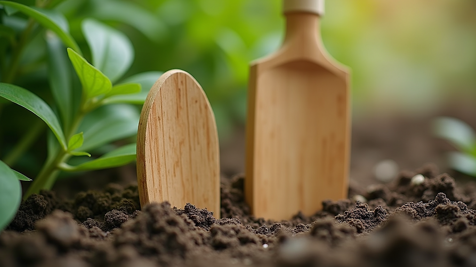 Close-up view of eco-friendly gardening tools made from bamboo