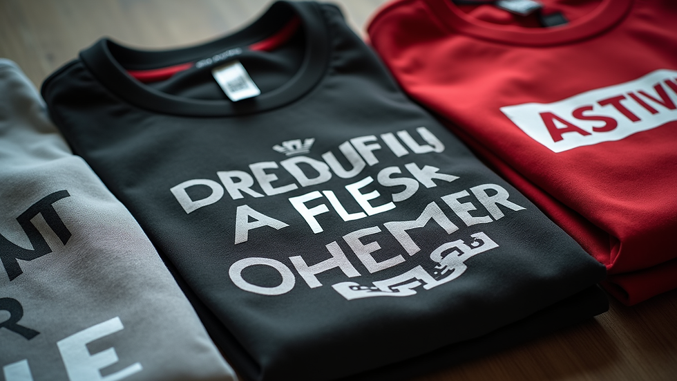 Close-up of folded activist apparel with bold slogans