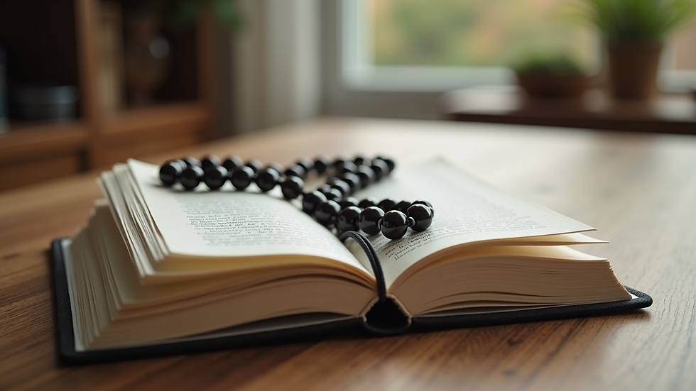 Close-up view of a journal and meditation beads on a wooden table