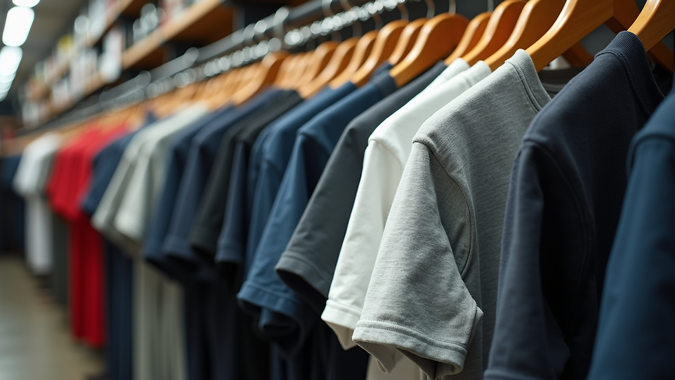 Eye-level view of a clothing rack displaying various geopolitical statement t-shirts