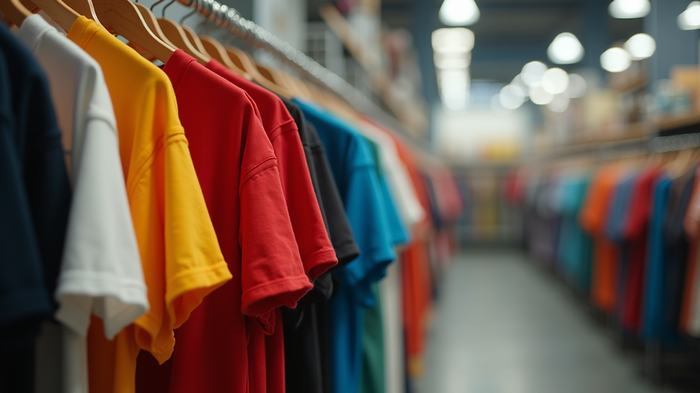 Eye-level view of a clothing rack with colorful activist t-shirts