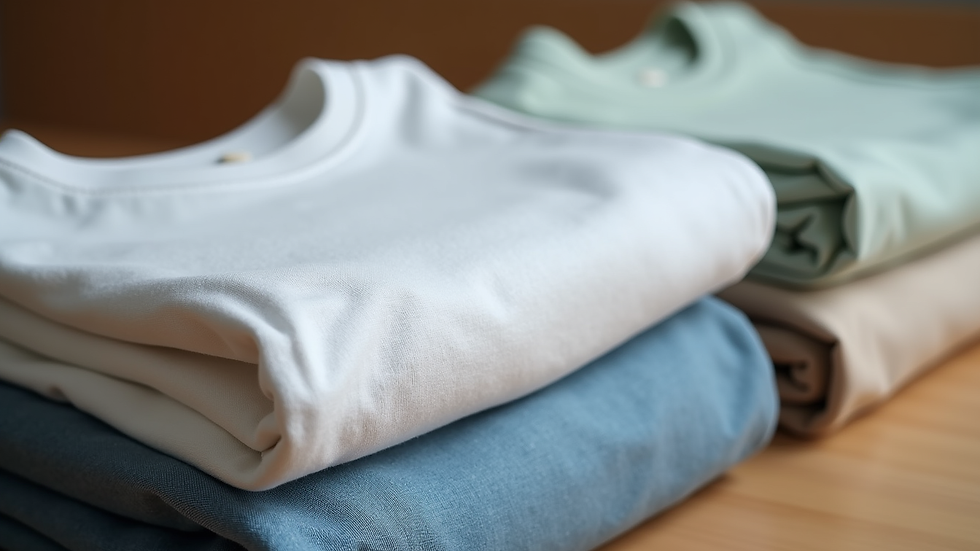 Close-up view of folded sustainable crew t-shirts made from organic cotton