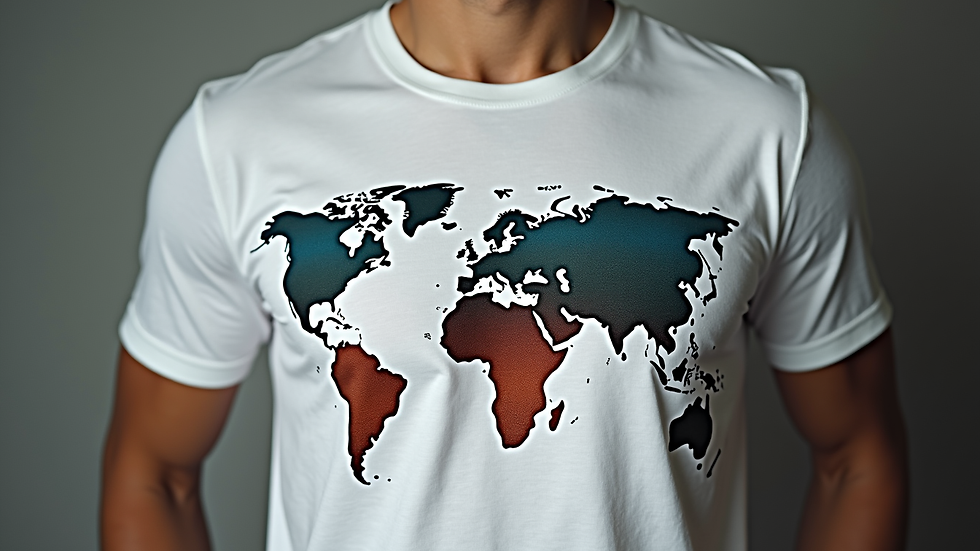 Close-up view of a geopolitical statement t-shirt with a world map design