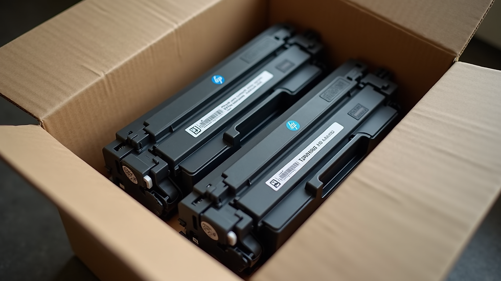 High angle view of a delivery box containing HP toner cartridges