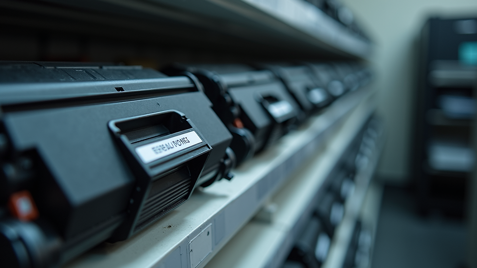 Eye-level view of toner cartridges arranged neatly on a shelf