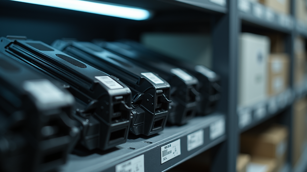 Eye-level view of toner cartridges arranged neatly on a shelf